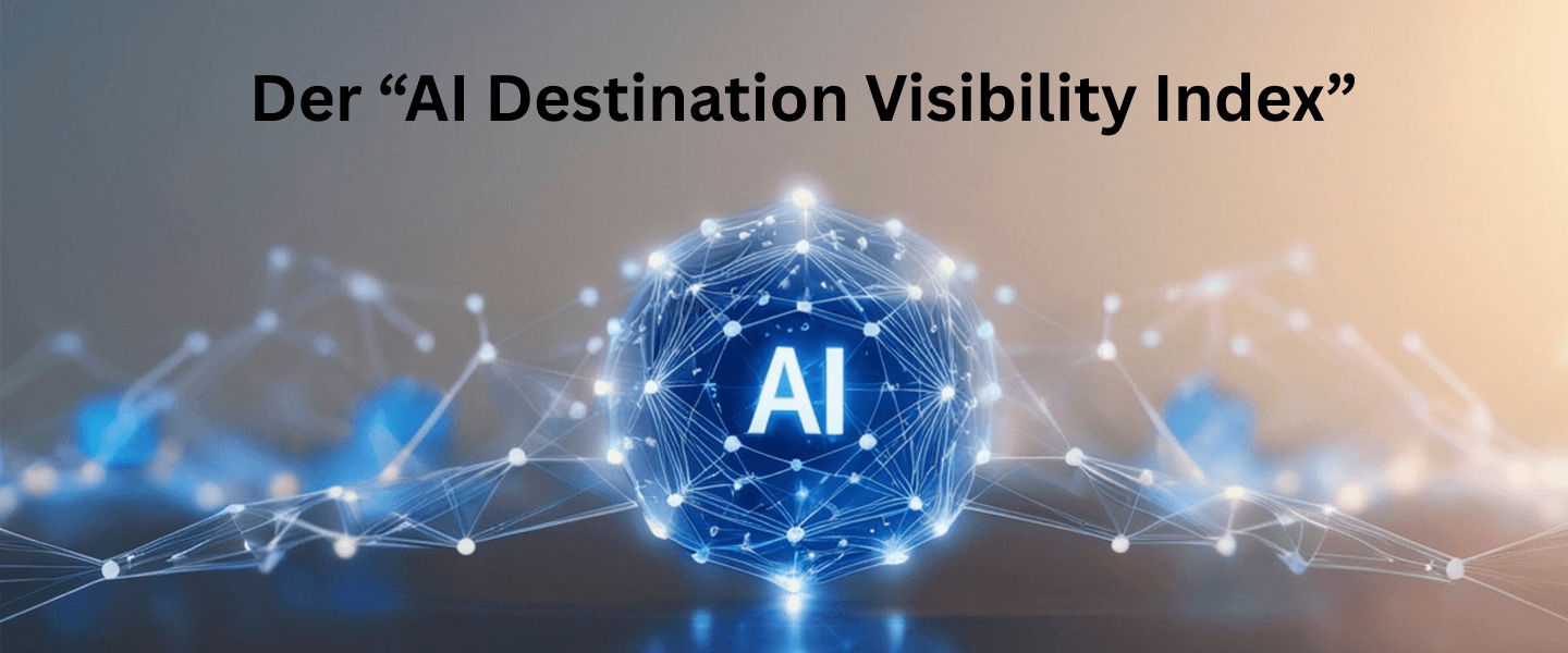 Banner mit dem Titel „Der ‚AI Destination Visibility Index‘“ und einer leuchtenden AI-Kugel vor digitalem Netzwerk-Hintergrund in Blau- und Orangetönen.