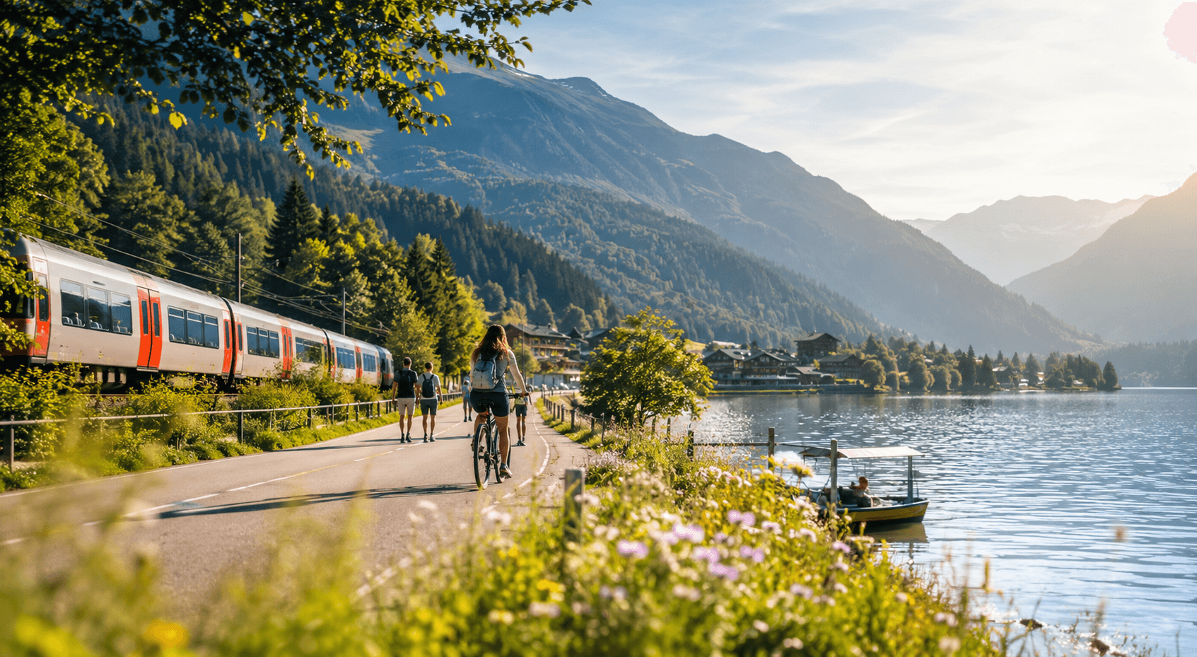 A scenic mountain lake with a train passing by, cyclists, and a boat on the water, surrounded by lush greenery and distant mountains