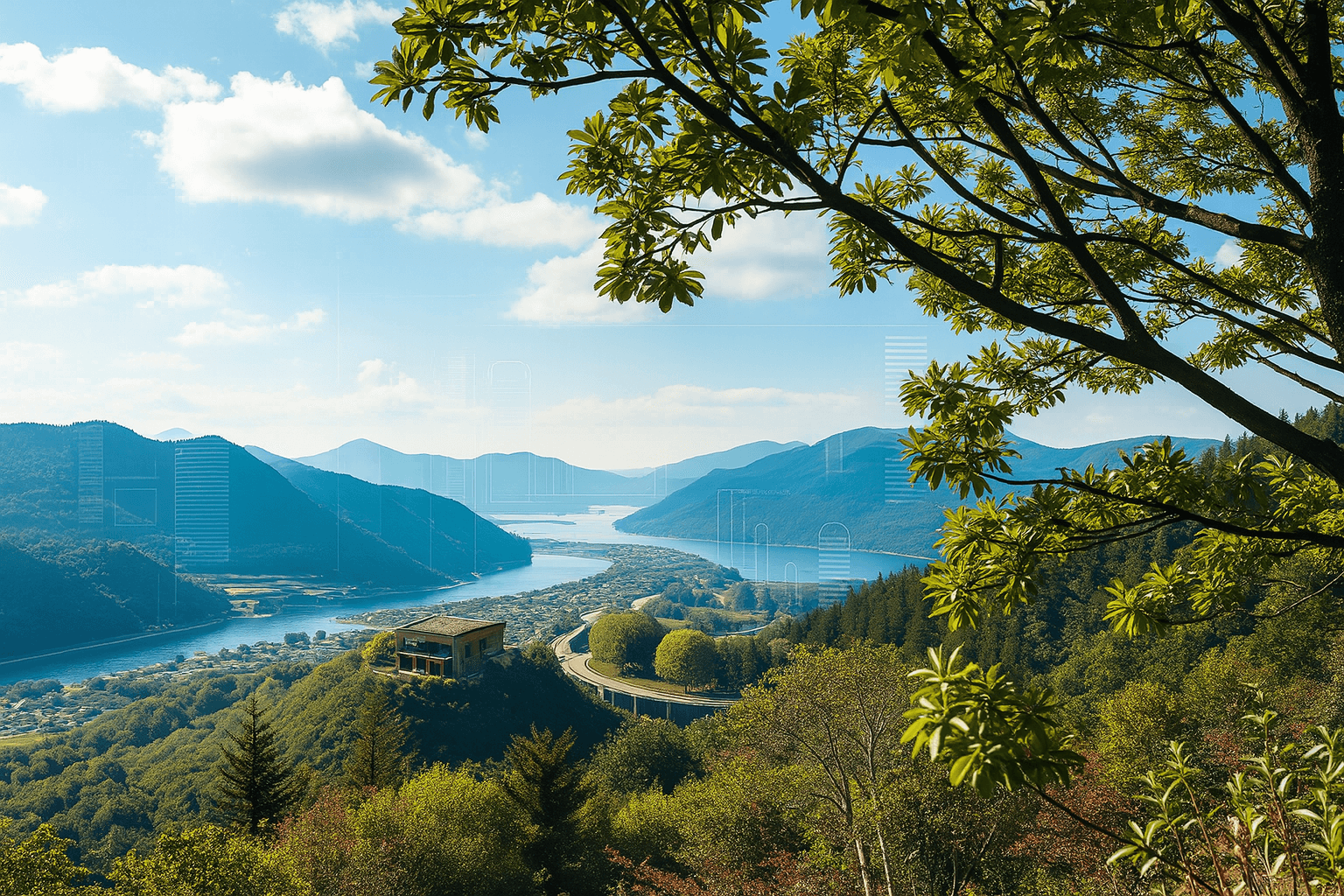 Landschaft mit See und Wald, künstlich generiert