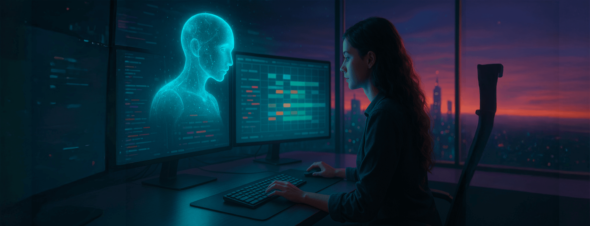 Frau programmiert mit KI vorm Computer