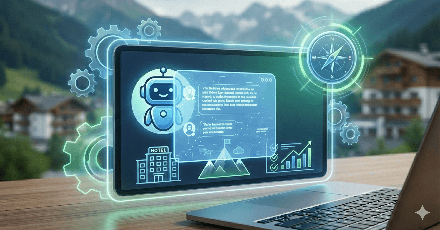 Ein KI generiertes Bild, auf dem ein Laptop mit einer Chatbot Grafik darauf vor einer alpinen Kulisse zu sehen ist.