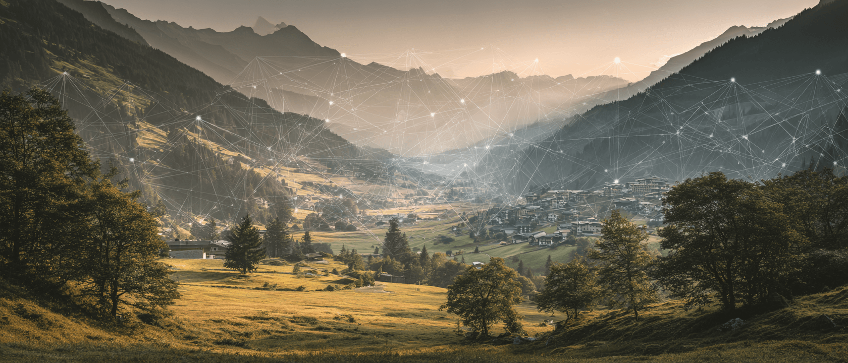 Dorf in den Bergen mit Hotels Daten-Overlay