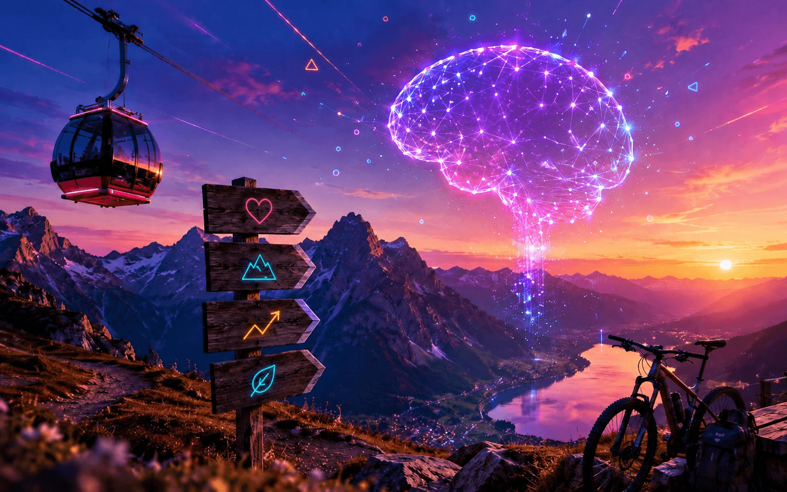 A futuristic mountain summit with a cable car, neon signs, and a glowing brain-like structure under a sunset sky, with a mountain bike resting nearby