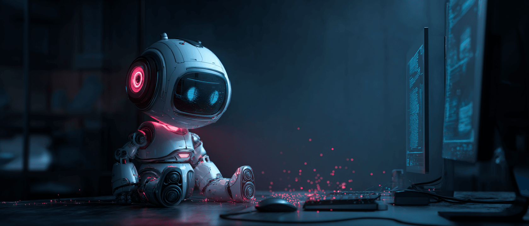Kleiner Roboter sitzt nachts vor einem Computerbildschirm und tippt auf einer Tastatur, während rote digitale Partikel um ihn herum schweben.