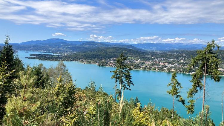 A picturesque view of a serene lake surrounded by lush greenery and distant mountains under a clear blue sky