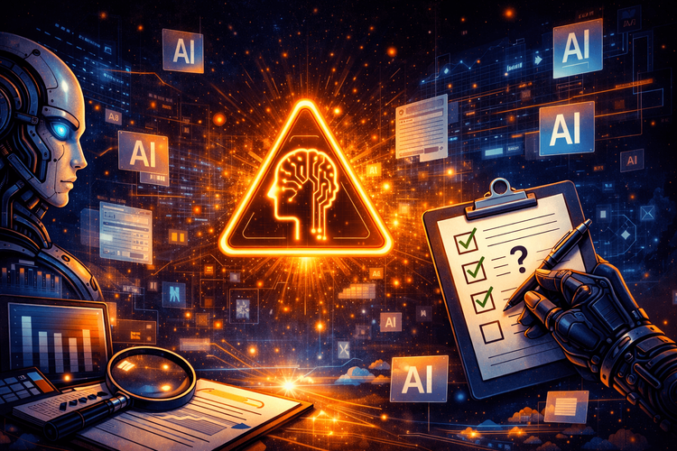 Roboter-Figur vor digitalem Hintergrund mit leuchtendem Warndreieck und KI-Symbolen, daneben eine Hand mit Klemmbrett – symbolisiert Künstliche Intelligenz und Transparenzpflichten.