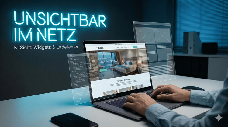 Person arbeitet am Laptop mit KI-Interface; im Hintergrund steht der Schriftzug „Unsichtbar im Netz – KI-Schutz, Widgets & Ladefehler“.