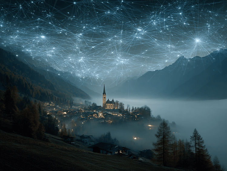 Eine Grafik, die Data-Streams/Synapsen in Landschaft darstellt