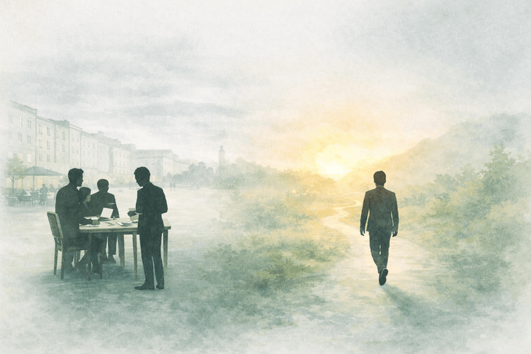 Person geht allein in eine helle, nebelige Landschaft, während im Hintergrund eine Gruppe Menschen an einem Tisch zusammensteht – symbolisch für Entscheidungen oder unterschiedliche Wege.