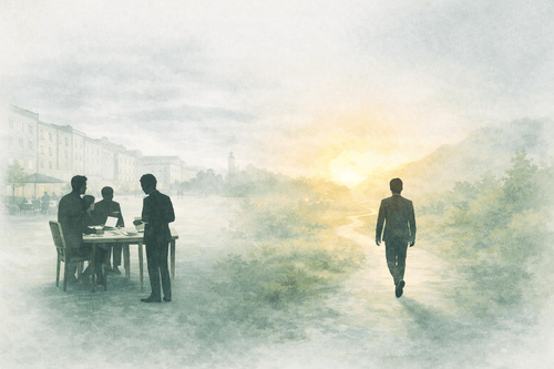 Person geht allein in eine helle, nebelige Landschaft, während im Hintergrund eine Gruppe Menschen an einem Tisch zusammensteht – symbolisch für Entscheidungen oder unterschiedliche Wege.