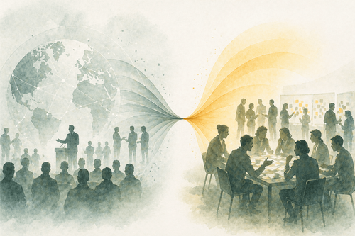 A global business meeting with a speaker at a podium and a group playing chess, with a network of lines connecting the world on the left