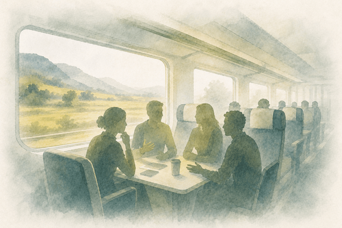 A group of people sits around a table on a train, engaged in conversation as they look out at a scenic landscape
